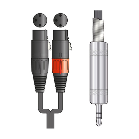 Citronic 3.5mm stereo TRS jack to two female XLR splitter audio cable with chrome connector and black moulded XLRF ends on a white background.