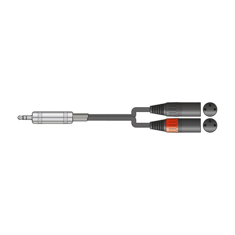 Citronic 3.5mm stereo jack to twin female XLR audio cable by AVSL, shown with silver jack and black connectors on a white background.