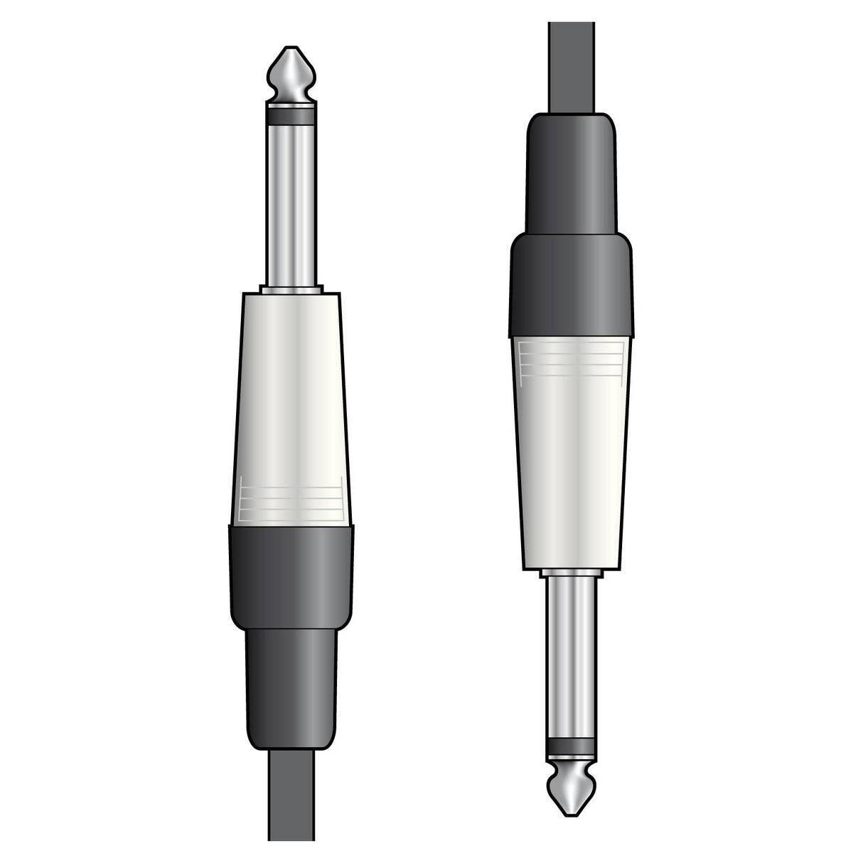 The image shows two QTX Essential Guitar Lead plugs side by side. One is shown from the side and the other from above, with both featuring a silver tip and a black cylindrical base with a lighter section in the middle, typical of audio or guitar leads.