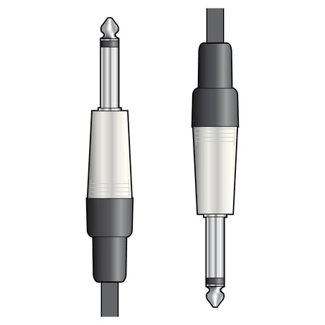 The image shows two QTX Essential Guitar Lead plugs side by side. One is shown from the side and the other from above, with both featuring a silver tip and a black cylindrical base with a lighter section in the middle, typical of audio or guitar leads.