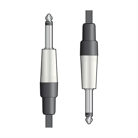 QTX Essential 6.0m mono jack guitar lead by AVSL showing two 6.3mm quarter-inch jack plugs with silver tips and rubberised black cable ends.
