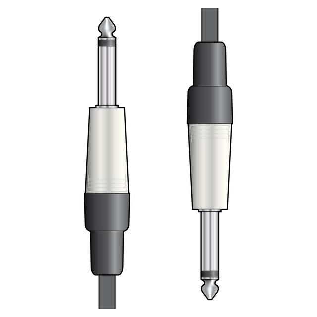 An illustration of two QTX Essential Guitar Leads, each with a metal tip and a black plastic housing complemented by a white section. The connectors are depicted side by side, with one shown in profile and the other viewed from above, resembling audio plug connectors or instrument cables.