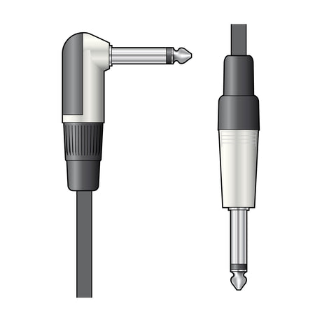 QTX Essential guitar lead by AVSL showing a right-angled 6.3mm mono jack plug and a straight 6.3mm mono jack plug with black cable on white.