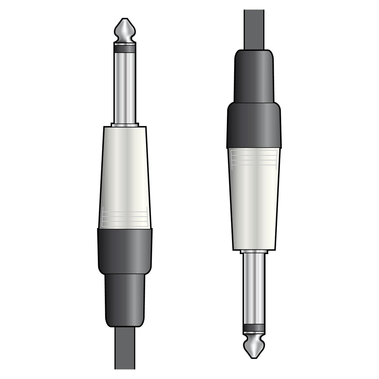 The Citronic Classic Guitar Lead - 6m showcases two mono jack plugs: one viewed from the side and the other from a slightly angled perspective. Both exhibit a metal tip and black casing, seamlessly connected to black audio leads.