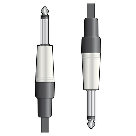 The Citronic Classic Guitar Lead - 12m features a detailed illustration of two quarter-inch mono jack plugs, with one depicted from the side and the other from above. These connectors showcase metallic tips and cylindrical bodies with black and gray accents, commonly found in guitar leads or audio cable arrangements.