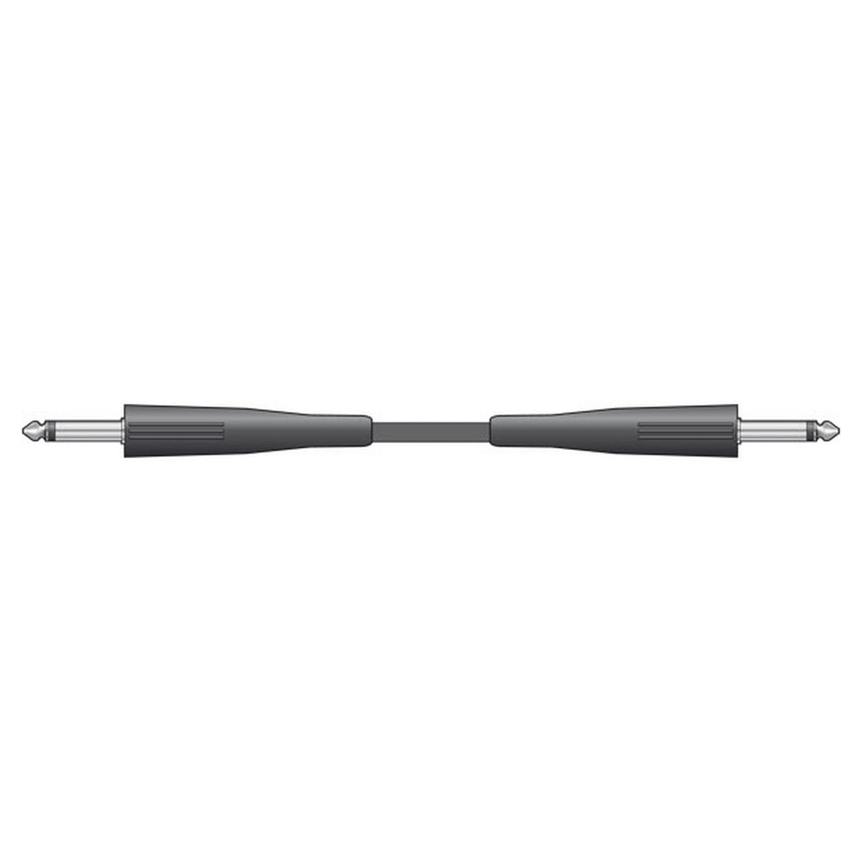Illustration of the QTX Essential Speaker Lead Jack to Jack Plug - 1.5m in black, featuring an anti-tangle jacket with 1/4 inch (6.35mm) mono jack plugs on each end, ideal for connecting musical instruments and audio equipment.