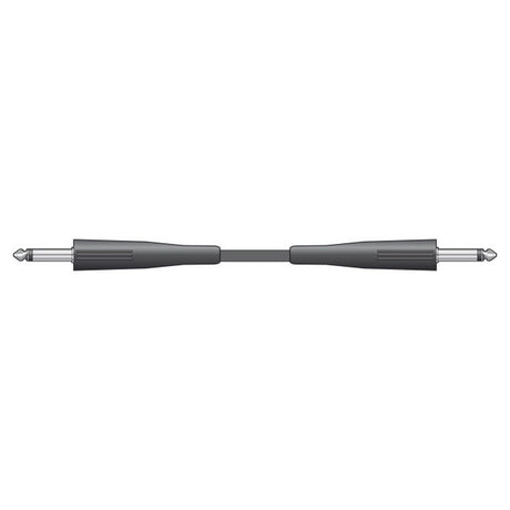 Illustration of the QTX Essential Speaker Lead Jack to Jack Plug - 1.5m in black, featuring an anti-tangle jacket with 1/4 inch (6.35mm) mono jack plugs on each end, ideal for connecting musical instruments and audio equipment.