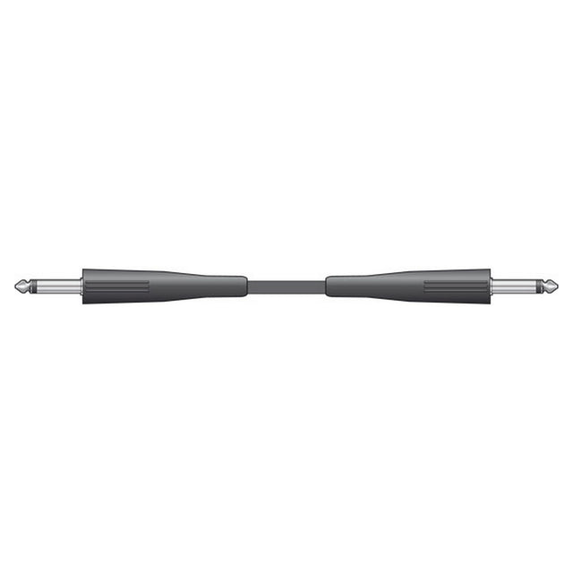Illustration of the QTX Essential Speaker Lead Jack to Jack Plug - 1.5m in black, featuring an anti-tangle jacket with 1/4 inch (6.35mm) mono jack plugs on each end, ideal for connecting musical instruments and audio equipment.