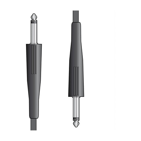 Close-up of QTX Essential 6.3mm mono jack plugs at both ends of a black speaker lead, shown on a plain white background.