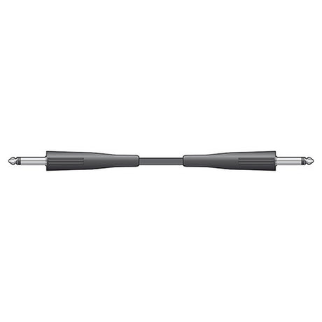 An illustration of the QTX Essential Speaker Lead Jack To Jack Plug - 12m, featuring a sleek anti-tangle jacket and 6.3mm mono jack plugs on each end, ideal for connecting various audio equipment. The cable is displayed horizontally against a white background.