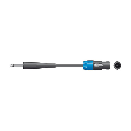 QTX Essential 1.5m speaker lead with 6.3mm mono jack plug and blue SPK connector shown alongside a matching socket on a white background.