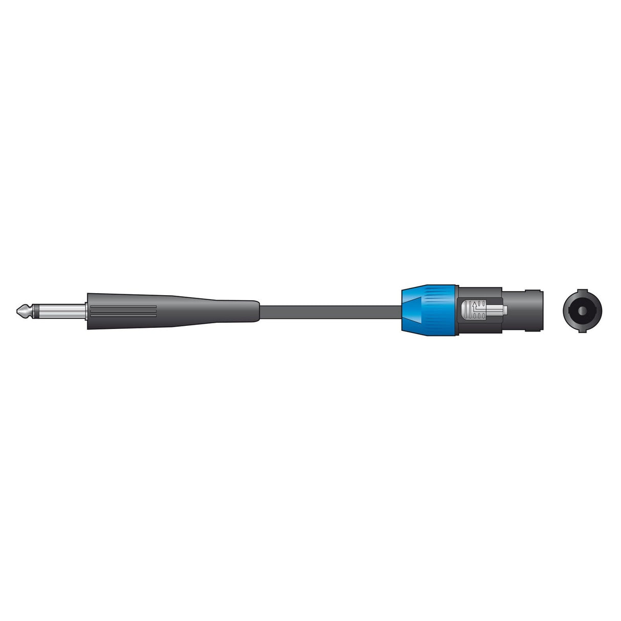 Illustration of a QTX Essential Speaker Lead Jack To Speaker Plug - 1.5m, featuring a 6.3mm mono jack audio plug connected to a cable and a blue connector adapter. They are depicted in alignment, with the female end of the adapter facing outward against a plain white background, emphasizing the sleek design of this speaker lead combination.