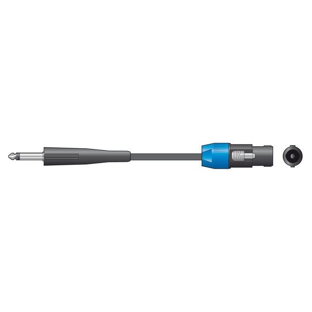 Illustration of a QTX Essential Speaker Lead Jack To Speaker Plug - 1.5m, featuring a 6.3mm mono jack audio plug connected to a cable and a blue connector adapter. They are depicted in alignment, with the female end of the adapter facing outward against a plain white background, emphasizing the sleek design of this speaker lead combination.