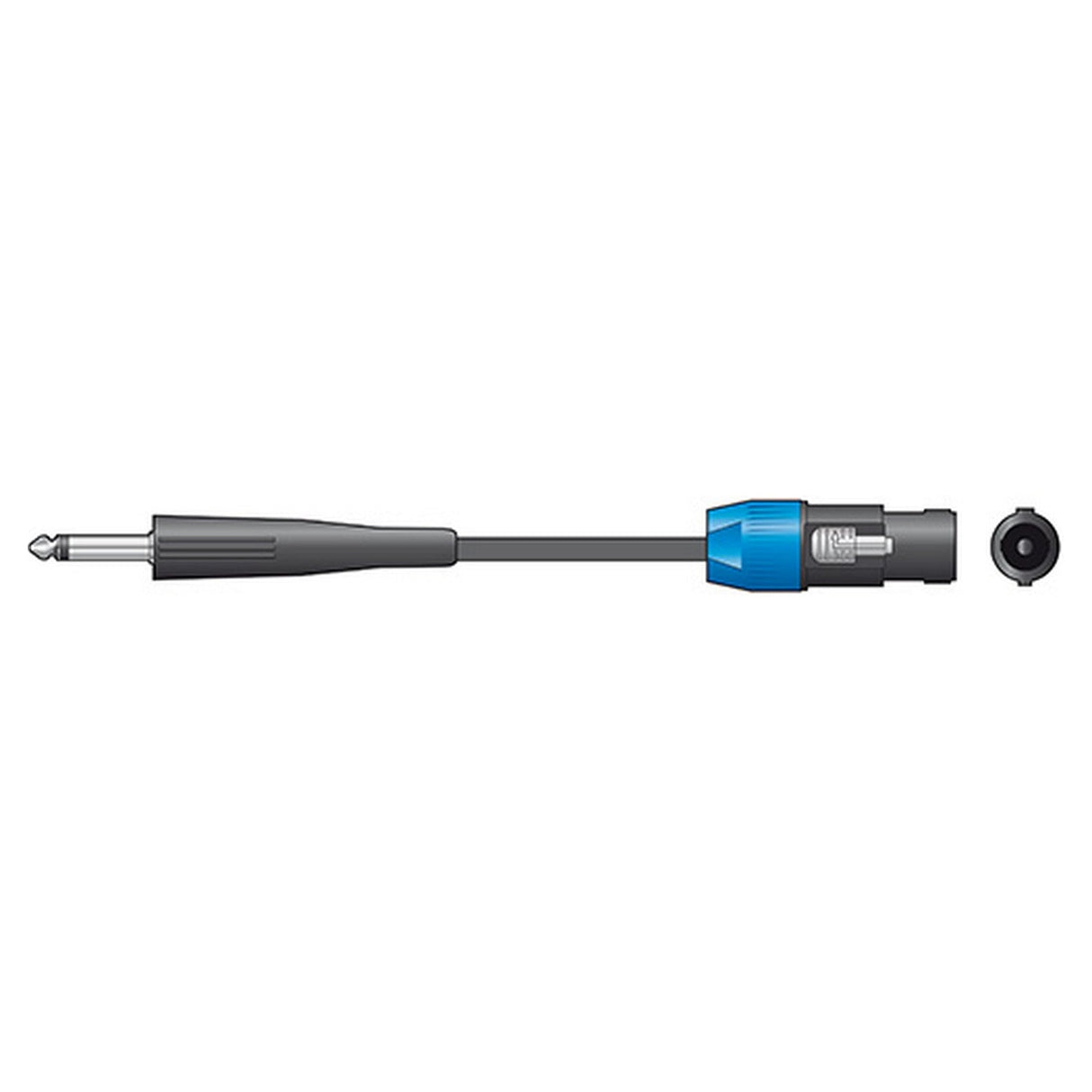 Illustration of a QTX Essential Speaker Lead with a 6.3mm mono jack on the left, a blue and black speaker plug in the middle, and a matching black speakON female connector on the right.