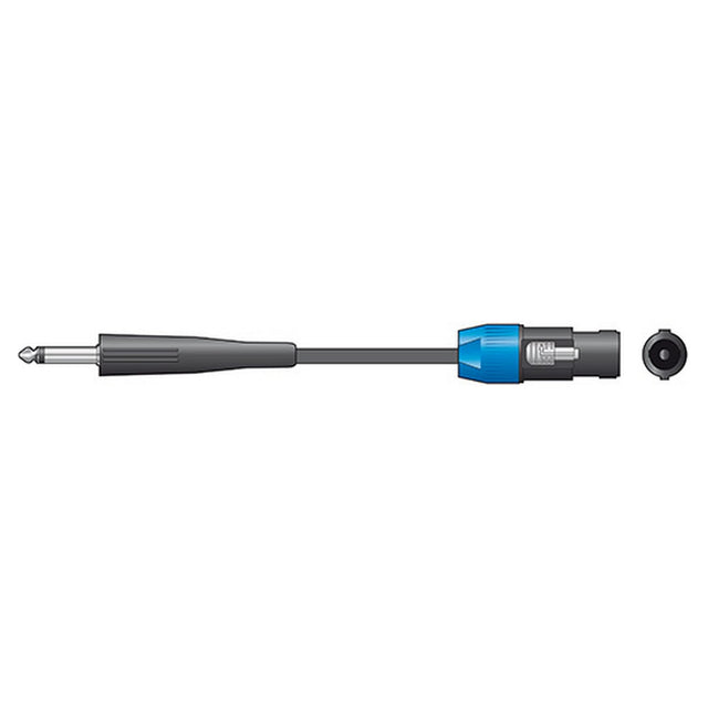 Illustration of a QTX Essential Speaker Lead with a 6.3mm mono jack on the left, a blue and black speaker plug in the middle, and a matching black speakON female connector on the right.