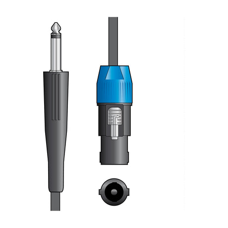 QTX Essential 12m speaker lead by AVSL showing a 6.3mm mono jack plug and blue SPK connector with front-view socket detail on a white background.