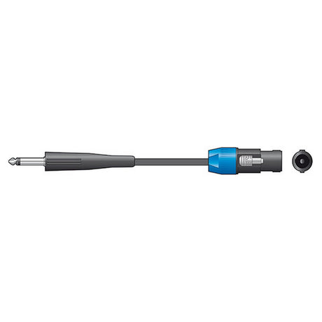Illustration of the QTX Essential Speaker Lead featuring a 6.35mm (1/4 inch) mono jack on one end and a Speakon connector on the other, ideal for connecting musical or audio equipment. The background is plain white.
