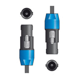 QTX Essential 6m speaker cable diagram showing two latching SPK plugs with blue and black casings and connector sockets on a white background.