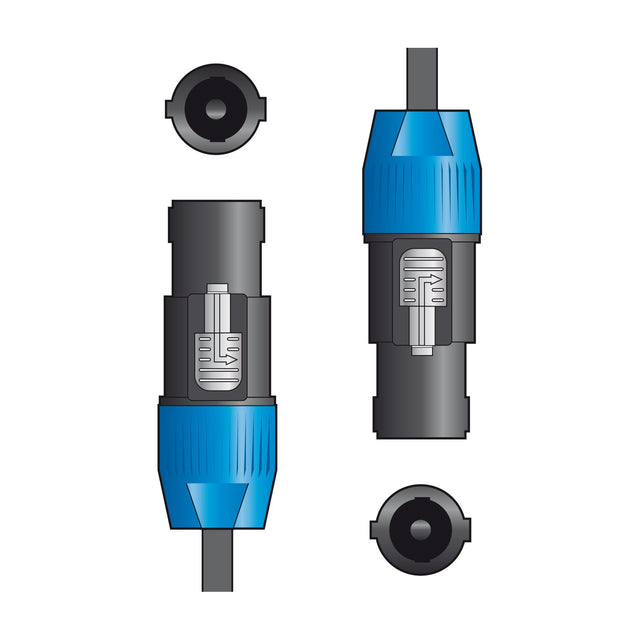 QTX Essential 6m speaker cable diagram showing two latching SPK plugs with blue and black casings and connector sockets on a white background.