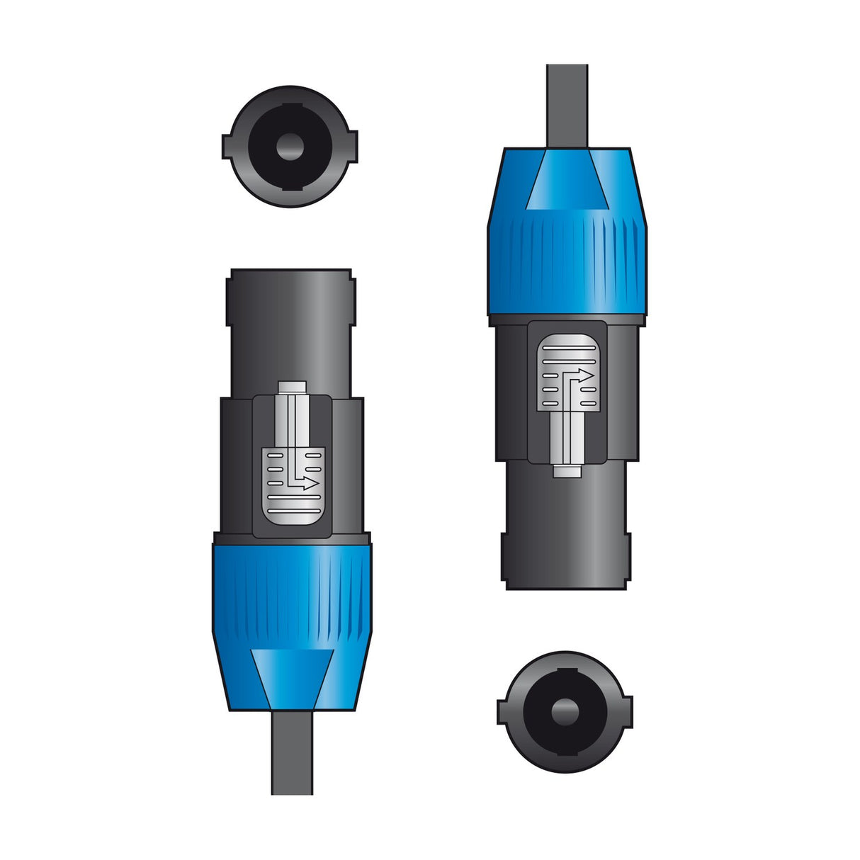 QTX Essential 12m speaker cable by AVSL with latching blue and black SPK plugs pre-fitted at both ends, shown with connector end-on views.