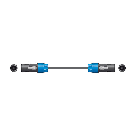 QTX Essential 12m speaker cable by AVSL with latching SPK plugs pre-fitted at both ends and grey 0.75mm² jacket, shown on a plain white background.