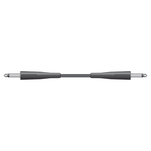 Citronic Classic Speaker Lead Jack To Jack - 12.0m, an elegantly displayed horizontal black cable consisting of pure copper and equipped with dual 6.3mm mono jack plugs.