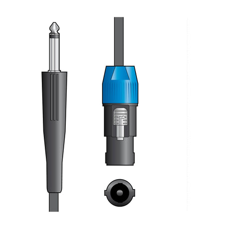 Citronic SPK-J600 speaker lead by AVSL showing a 6.3mm mono jack plug and a blue latching Speakon connector with end-on view on a white background.
