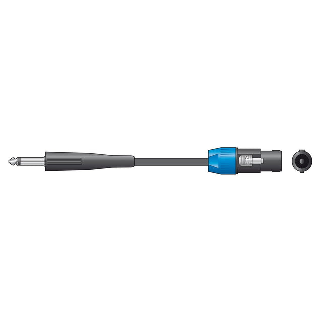 Illustration of the Citronic Classic Speaker Lead, which is a black audio cable featuring a blue connector near the middle. The cable includes copper conductors and a 1/4-inch mono jack on one end, with the other end designed for specific audio equipment. The cable has a length of 12 meters.