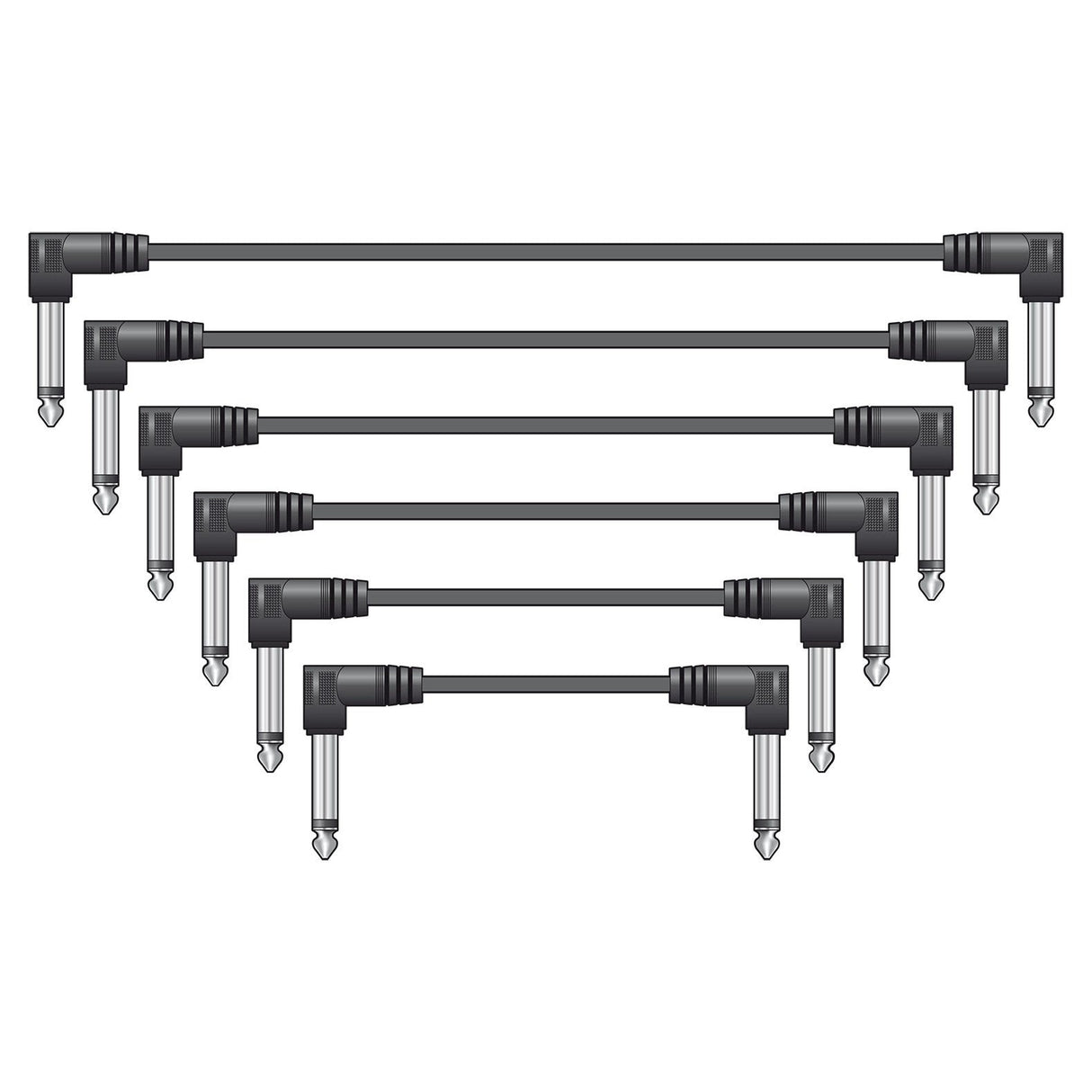 The Citronic Classic Audio Patch Lead Set 0.15m in black (6 pack) is displayed in a staggered formation on a plain white background, with right-angled jack plugs and lengths varying from shortest at the top to longest at the bottom.