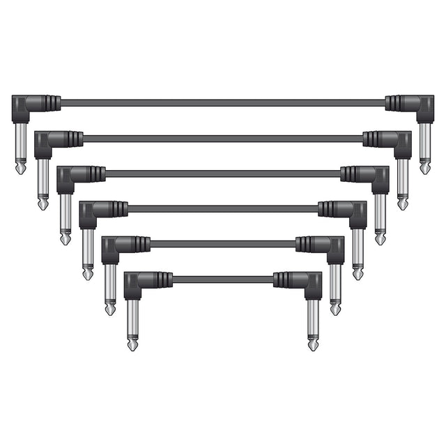 The Citronic Classic Audio Patch Lead Set 0.15m in black (6 pack) is displayed in a staggered formation on a plain white background, with right-angled jack plugs and lengths varying from shortest at the top to longest at the bottom.