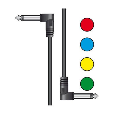 Citronic PATCH015CL patch lead with right-angled 6.3mm mono jack plugs beside red, blue, yellow and green colour dots indicating the six-pack range.