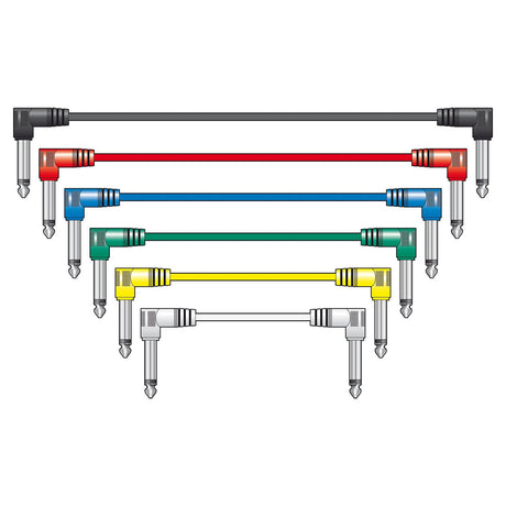 Displayed are a set of five colorful Citronic Classic Audio Patch Leads, arranged in layers. The patch leads—one each of black, red, blue, green, and yellow—come with right-angled mono jack plugs at both ends set against a white background.