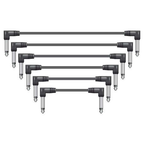 Image of a Citronic Classic Audio Patch Lead Set, featuring six black leads, each 0.5 meters long with right-angled mono jack plugs. These premium cables are neatly arranged in a staggered formation, creating a descending pattern from top to bottom against a white background.