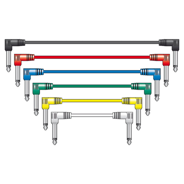 Illustration showcasing five Citronic Classic Audio Patch Leads in an array of colors—black, red, blue, green, and yellow—lined up parallelly. Each lead is equipped with right-angled mono jack plugs on both ends.