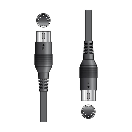 Citronic MIDI150 1.5m MIDI lead with two 180° 5-pin DIN plugs shown at each end, black moulded connectors on grey cable against a white background.