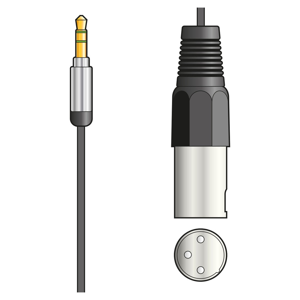 Depiction of a Citronic Classic Audio Lead with a 3.5mm stereo jack plug on the left and an XLR male connector on the right, highlighting the XLR's circular design, three pins, and a stylish black and silver casing for optimal audio lead configuration.