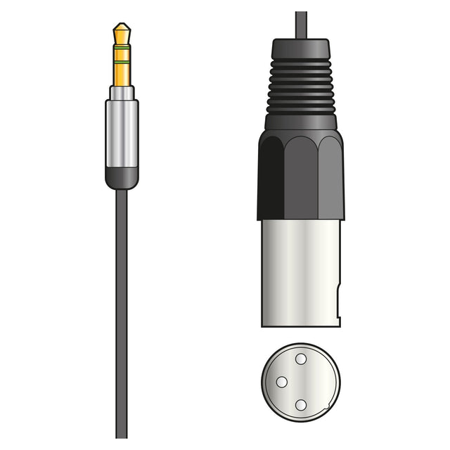 Depiction of a Citronic Classic Audio Lead with a 3.5mm stereo jack plug on the left and an XLR male connector on the right, highlighting the XLR's circular design, three pins, and a stylish black and silver casing for optimal audio lead configuration.