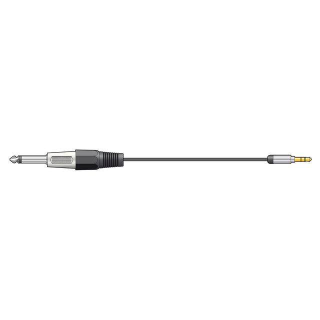 An illustration of the Citronic Classic Audio Lead showcases its sleek black cable, with a 6.3mm jack on one end and a 3.5mm stereo jack on the other, both silver ends enhancing its seamless connectivity.