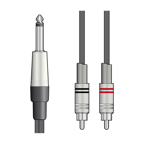 Citronic M6J-2R150 audio lead showing a 6.3mm mono jack plug and two RCA phono connectors with chrome barrels on a white background.