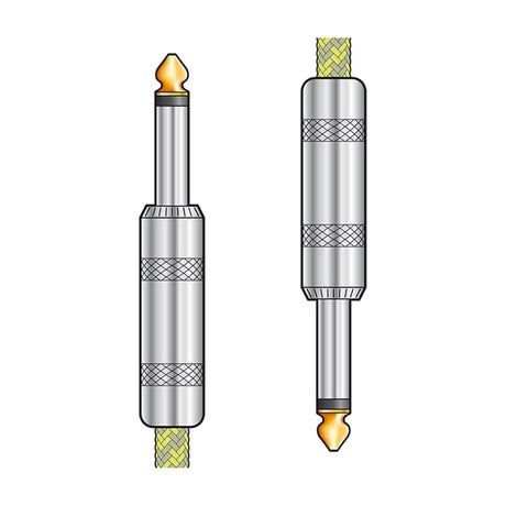 Citronic Classic Braided Guitar Lead illustration showing two straight 6.3mm mono jack plugs in chrome finish with grey and gold nylon braided cable.