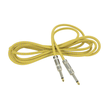 Citronic Classic Braided Guitar Lead coiled in grey and gold nylon braid with two straight 6.3mm mono jack plugs, on a white background.