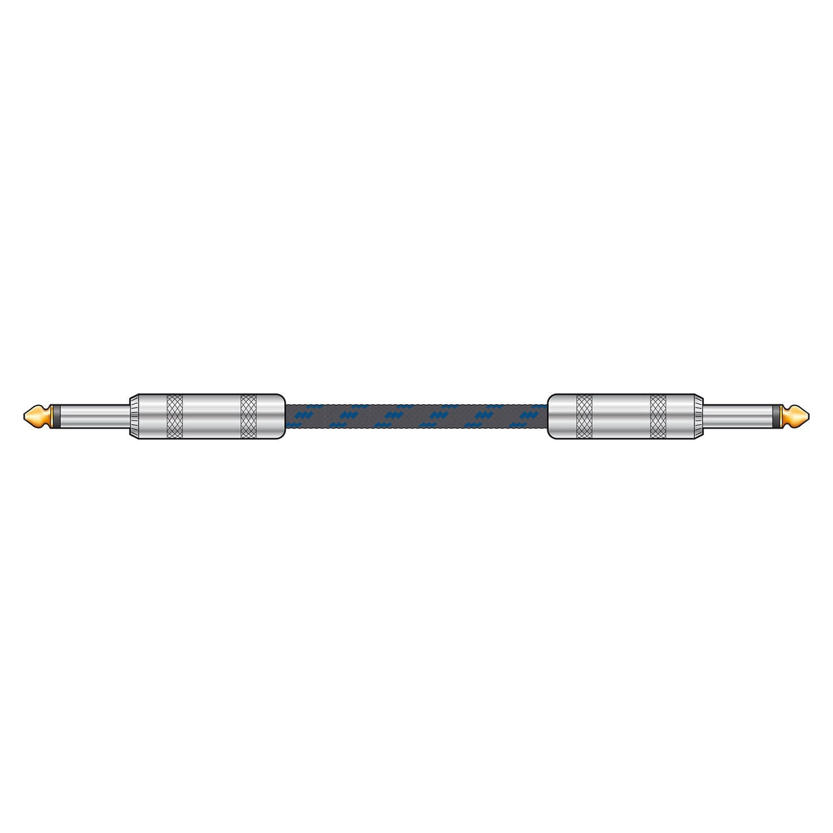 Introducing the Citronic Classic Braided Guitar Lead 6m in Black/Blue, a vintage-inspired guitar cable boasting professional-grade jack plugs with golden plating on both ends. The gray audio lead is encased in an elegantly wrapped black and blue nylon braid, offering a timeless retro appeal.