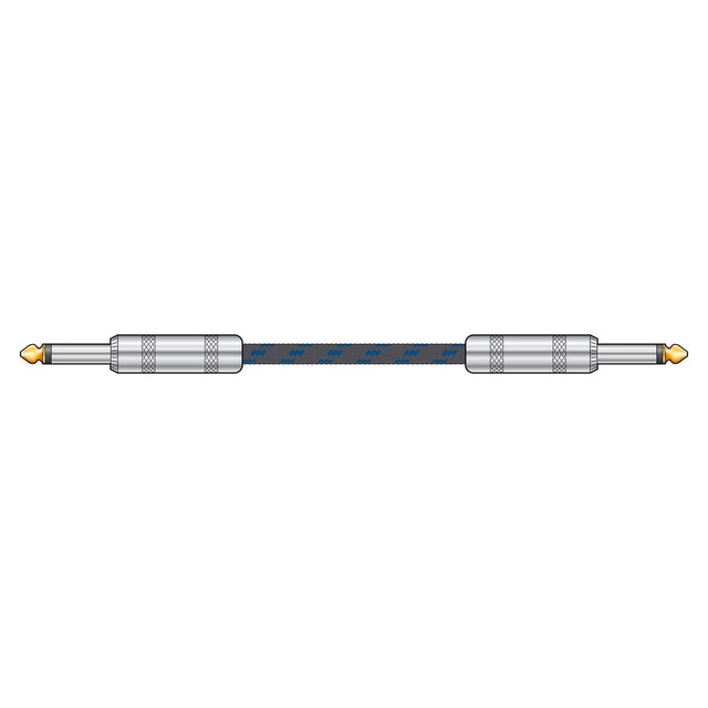 Introducing the Citronic Classic Braided Guitar Lead 6m in Black/Blue, a vintage-inspired guitar cable boasting professional-grade jack plugs with golden plating on both ends. The gray audio lead is encased in an elegantly wrapped black and blue nylon braid, offering a timeless retro appeal.
