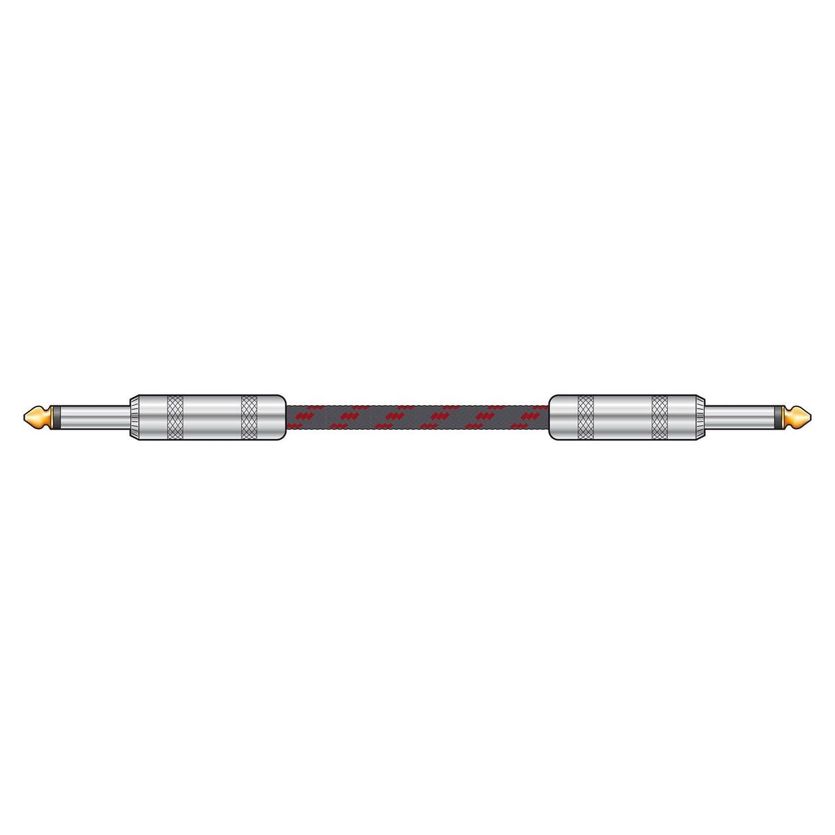Illustration of the Citronic Classic Braided Guitar Lead, a two-pronged cable with metal connectors on both ends. This black cable, accented in red, evokes a retro style and features a durable and flexible nylon braid texture. It is designed with pure copper conductors for optimal performance.