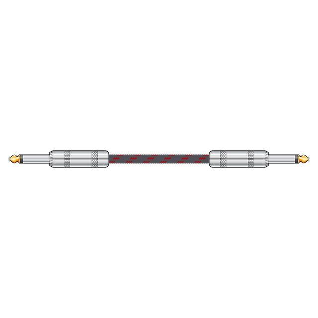 Illustration of the Citronic Classic Braided Guitar Lead, a two-pronged cable with metal connectors on both ends. This black cable, accented in red, evokes a retro style and features a durable and flexible nylon braid texture. It is designed with pure copper conductors for optimal performance.