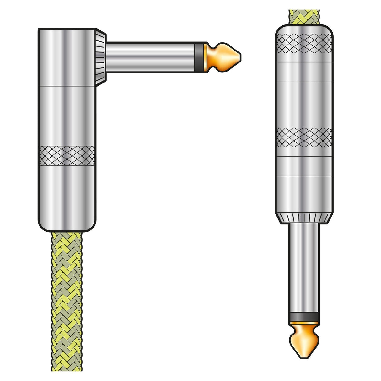 Illustration of two high-quality connectors: one featuring a right-angle plug with an anti-tangle lead in a grey and gold retro braided design, and the other showcasing a straight plug with similar styling. Both connectors are equipped with silver metallic casings and gold-colored tips.