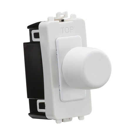 The 6A 1 Gang 2-Way Dummy Dimmer Module - Matt White features a sleek, white cylindrical dimmer switch with a convenient push on/off function mounted on a rectangular black base. The word "TOP" is embossed above the knob to indicate its correct orientation. This stylish module is designed for seamless wall installation.