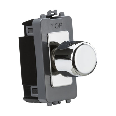 An elegant 6A 1 Gang 2-Way Dummy Dimmer Module in silver and black, featuring a polished chrome knob and a rectangular frame marked TOP. This stylish dimmer is crafted for seamless wall installation.