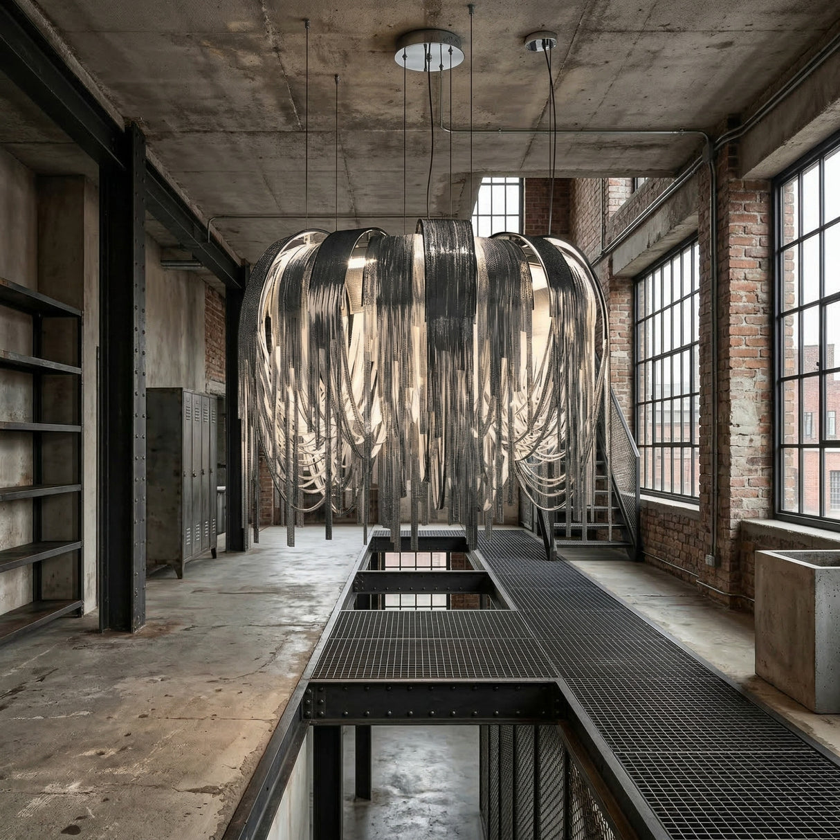 An industrial loft with exposed brick walls and large windows features the Symphonia 10 Light Metal Chain Veil Small Chandelier in nickel, its sleek ribbons hanging over a metal walkway for a dramatic modern touch.