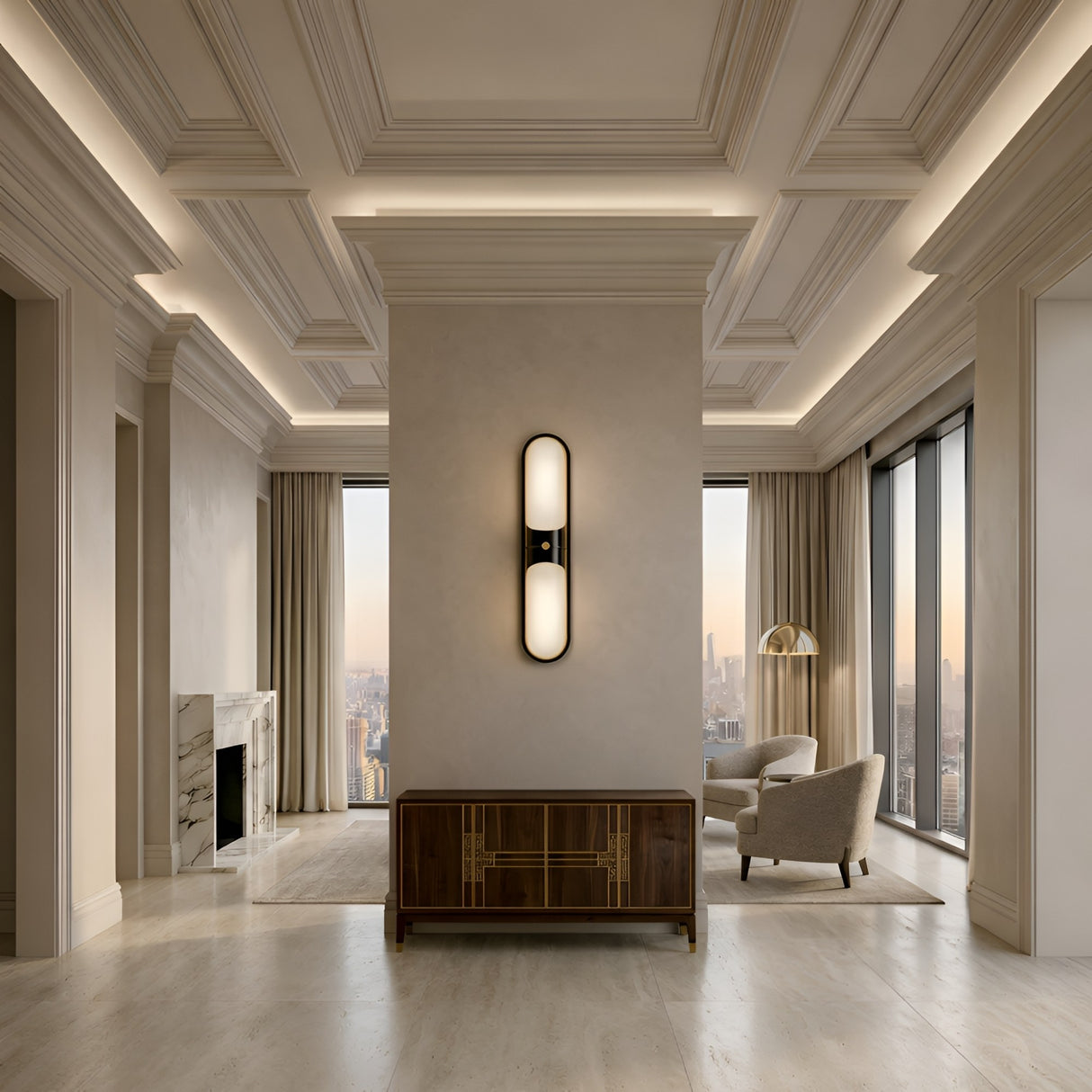 A modern living room with high coffered ceilings, large windows, beige walls, a marble fireplace, two armchairs, a wooden sideboard, and a central partition featuring the Lunaris LED Capsule Alabaster Wall Light in soft white & black.